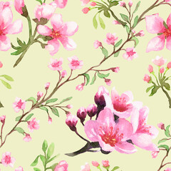 Cherry blossoms on a yellow background. The images are drawn in watercolour. The pattern.
