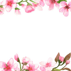 The frame is made of cherry flowers on the upper and lower edges. The image is hand-drawn and isolated on a white background.