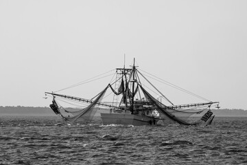 Shrimp boat with nets in black and white