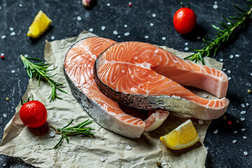 Raw trout fish steaks with pepper, salt and herbs on rustik paper background