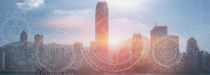 Gears Cogwheel Engineering Automation solution teamwork cooperation business concept. City view website header banner concept