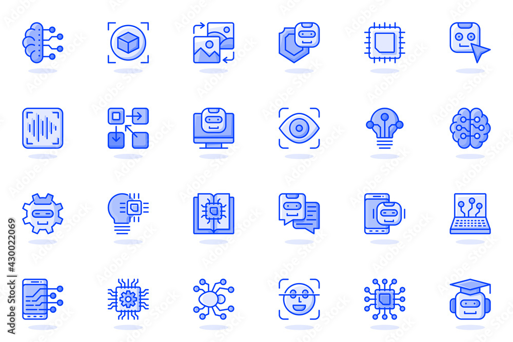 Poster Artificial intelligence web flat line icon. Bundle outline pictogram of smart machine learning, robots, cloud computing, AI innovations concept. Vector illustration of icons pack for website design