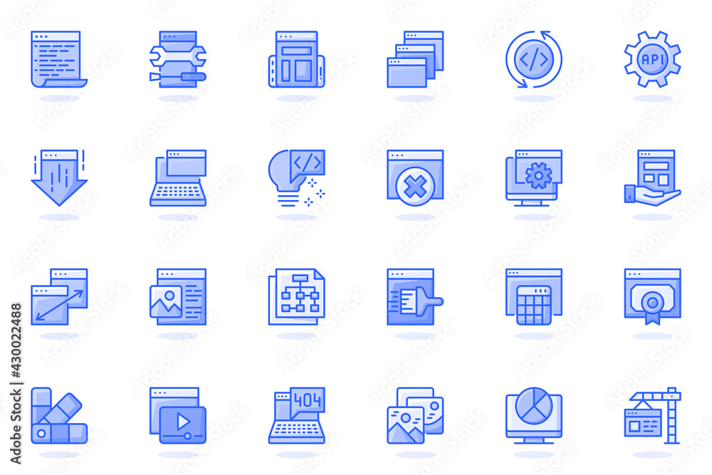 Fototapete web development flat line icon. bundle outline pictogram of coding , interface elements, settings, s