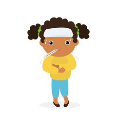 Cartoon sick girl with high fever. African american child is sick with flu or coronavirus. Kid with thermometer in his mouth.