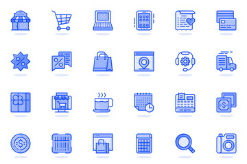 Shopping web flat line icon. Bundle outline pictogram of shop, supermarket, purchases, payment, discounts, product search, delivering concept. Vector illustration of icons pack for website design