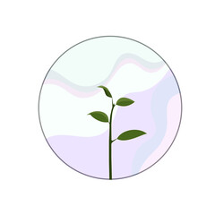 Vector stick of plant in round frame, fresh greenery with round frame in Flat design style, blue spots with stem on white background, concept of Nature and Garderning, Botany and potted plants.