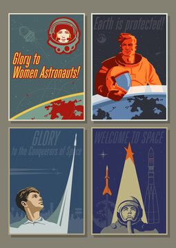 Glory to Space Illustration Set, Retro Future Space Propaganda Space Posters