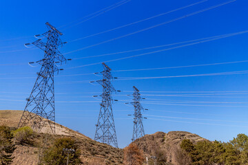 Grand Coulee Dam Washington USA - 04-17-2021: Electric Power Lines Leaving the Dam