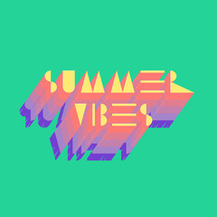 Fototapeta na wymiar Summer Vibes - colorful text on turquoise grass background. Design print for summer season. 3D geometric letters, retro vaporwave gradient. Vector