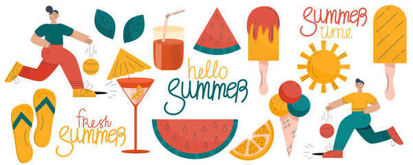Set of summer, ice cream, cocktails, outdoor activities, ball game, are isolated on white background. Vector illustration flat linear style. Hyperexaggerated people and cute objects in the summer set