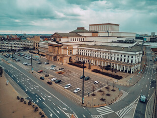 Beautiful panoramic aerial drone skyline view of the Warsaw Grand Theatre (national opera house) on...