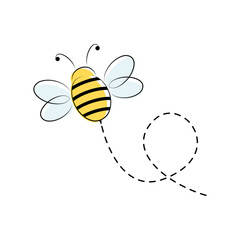 Bee flying on a dotted route. Cute bee character. Vector illustration isolated on the white background