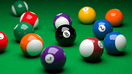 Snooker balls on the snooker table.