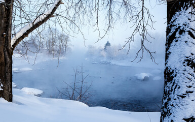 landscape. Morning on the river. Severe frost. Evaporation from water.