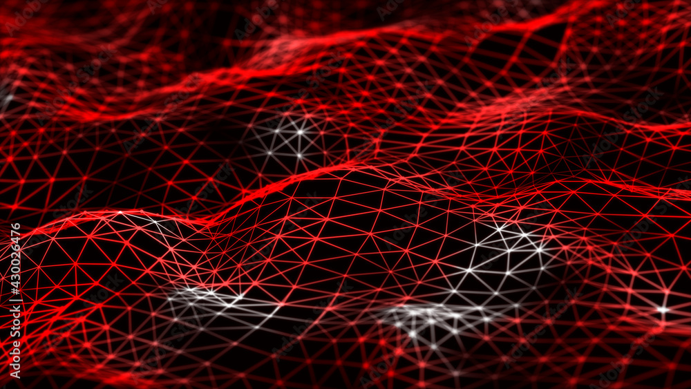 Aufkleber Connection of dots and lines structure on dark background. Red abstract polygonal space. 3d Widescreen