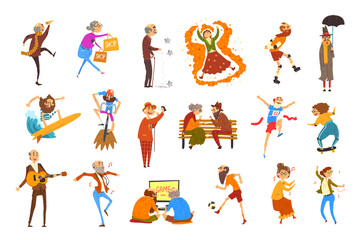 Happy Elderly People Performing Different Activities Set, Senior Men and Women Having Fun, Doing Sports, Shopping, Playing Computer Games and Musical Instruments Vector Illustration