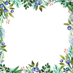 Naklejka premium Watercolor woodland square frame with wild flowers, strawberries, blueberries and leaves. Hand drawn nature summer illustration, card, poster, greeting, invitation, label