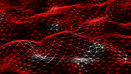 Connection of dots and lines structure on dark background. Red abstract polygonal space. 3d Widescreen