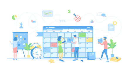 Fototapeta na wymiar Planning schedule. Online web page interface planner, organizer, calendar, project plan. People work together filling out the schedule, set tasks and reminders. Vector illustration flat style.