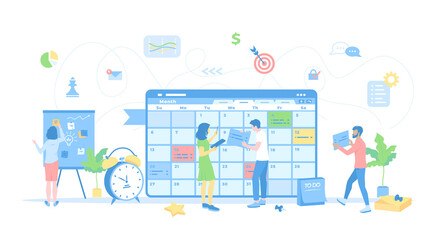 Planning schedule. Online web page interface planner, organizer, calendar, project plan. People work together filling out the schedule, set tasks and reminders. Vector illustration flat style.