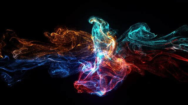 Fluid ink particles. Collision of two multicolored streams of particles. Effect of ink in water. Red, orange and blue particles on a black background. Slow motion. Alpha channel included. 4K
