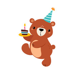 Happy Birthday Concept, Adorable Bear Baby Animal in Party Hat Holding Cupcake with Candle, Baby Shower Celebration Element Cartoon Vector Illustration