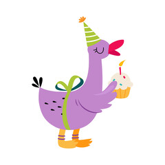 Happy Birthday Concept, Adorable Seagull Bird Holding Cupcake with Candle, Baby Shower Celebration Element Cartoon Vector Illustration