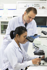 A people working in a laboratory with a microscope