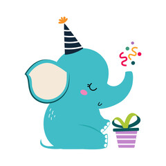 Happy Birthday Concept, Adorable Elephant Baby Animal in Party Hat, Baby Shower Celebration Element Cartoon Vector Illustration