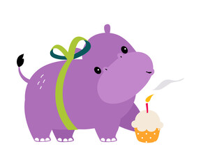 Happy Birthday Concept, Adorable Hippo Baby Animal with Festive Cupcake, Baby Shower Celebration Element Cartoon Vector Illustration
