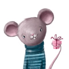 cute little mouse with birthday gift box, holiday illustration, hand drawn watercolor clipart