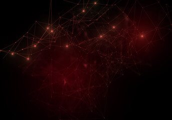 Plexus lines, dots and light beams with light points. Abstract technology, science and engineering background. Depth of field settings. 3D rendering