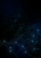 Plexus lines, dots and light beams with light points. Abstract technology, science and engineering background. Depth of field settings. 3D rendering