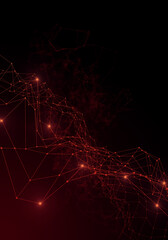 Plexus lines, dots and light beams with light points. Abstract technology, science and engineering background. Depth of field settings. 3D rendering