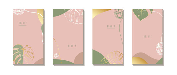 A set of elegant abstract versatile trendy background templates. Luxurious modern composition with gold elements and Monstera leaves for organic design, covers, packaging, cards. Vector illustration.