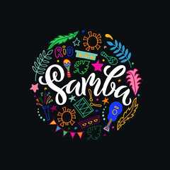 Samba colorful doodle background. Modern brush calligraphy, hand lettering for Rio de Janeiro carnival as banner, card, invitation template. Vector illustration. Beautiful Brazil bright poster design
