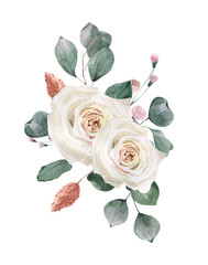 Watercolor hand drawn white rose and eucalyptus bouquet.
