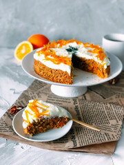 Carrot cake. homemade moist and sweet layer cake with grated carrot.