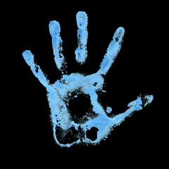 Colorful blue human handprint. Watercolor hand drawn painting illustration isolated on a black background.