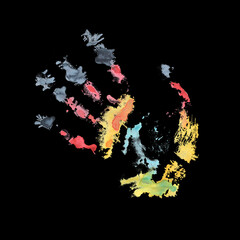 Obraz premium Colorful multicolor human handprint. Watercolor hand drawn painting illustration isolated on a black background.