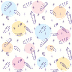Seamless pattern vector magic colored healing crystals. Line art and watercolors.