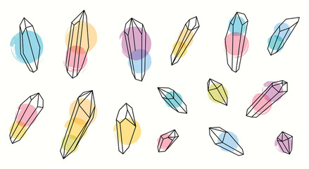 Set of vector magic colored healing crystals. Line art and watercolors.