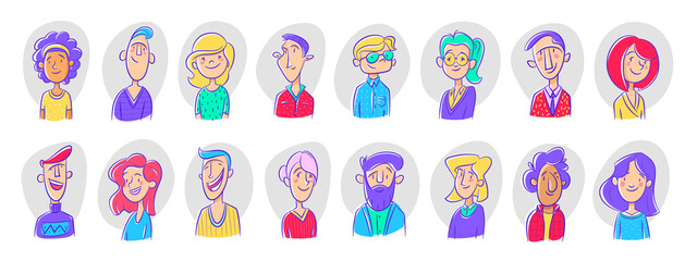 Set different person portrait diverse business team vector flat illustration. Collection of people avatars isolated. Bundle of joyful smiling colleagues. Man and woman faces round frame. Cartoon style