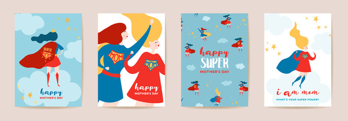 Mothers Day Greeting Cards with Super Mom. Superhero Mother Character in Red Cape Design Template - 430030242