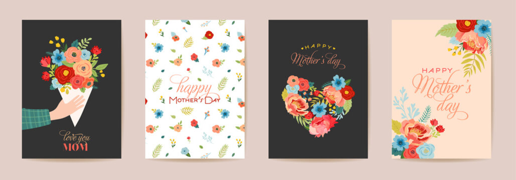 Mothers Day Greeting Card Set. Spring Happy Mother Day Holiday Banner with Flowers, Mom Character