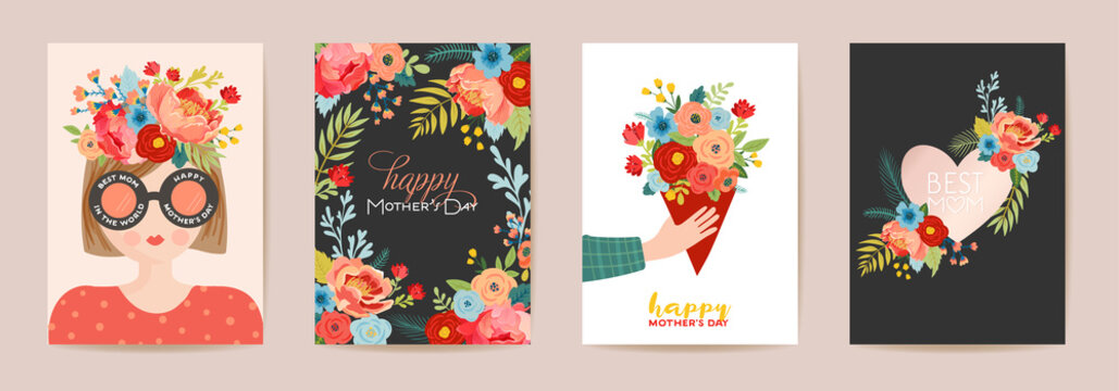 Mothers Day Beautiful Greeting Card Set. Spring Happy Mother Day Holiday Banner with Flowers