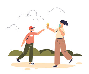 Small kids eat ice cream while walking outdoors. Brother and sister on family walk in park