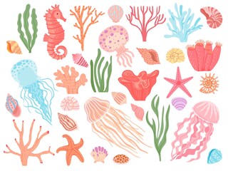 Ocean elements. Cartoon seaweeds, corals, seashells and reef animals. Sea starfish, seahorse and jellyfish. Nautical decorative vector set