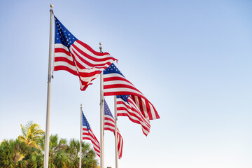 Group of american flags waving with blue sky on the background