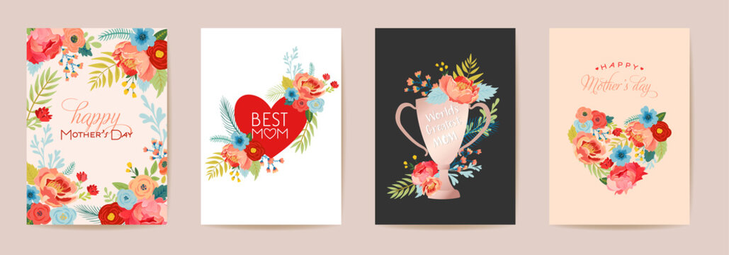 Mothers Day Floral Greeting Card Set. Spring Happy Mother Day Holiday Postcards with Flowers